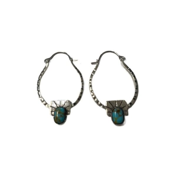 Silver Oval Earrings with Turquoise Stone - Picture 2 of 2